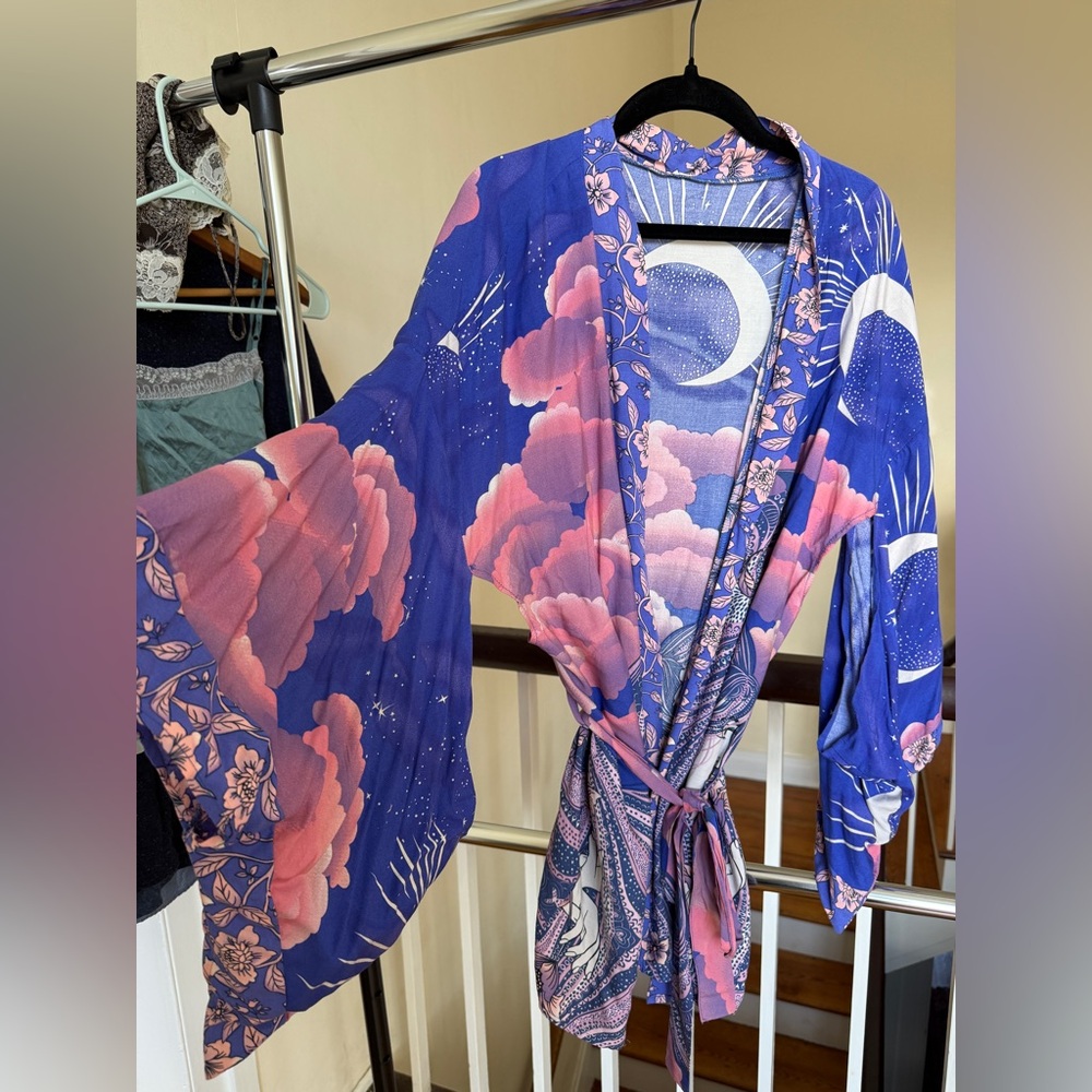 Women's Blue and Pink Kimono Robe
